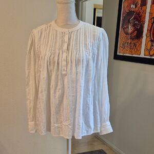 Caslon White 100% Cotton Swiss Dot W Woven Stripes Long Sleeve Crew Neck